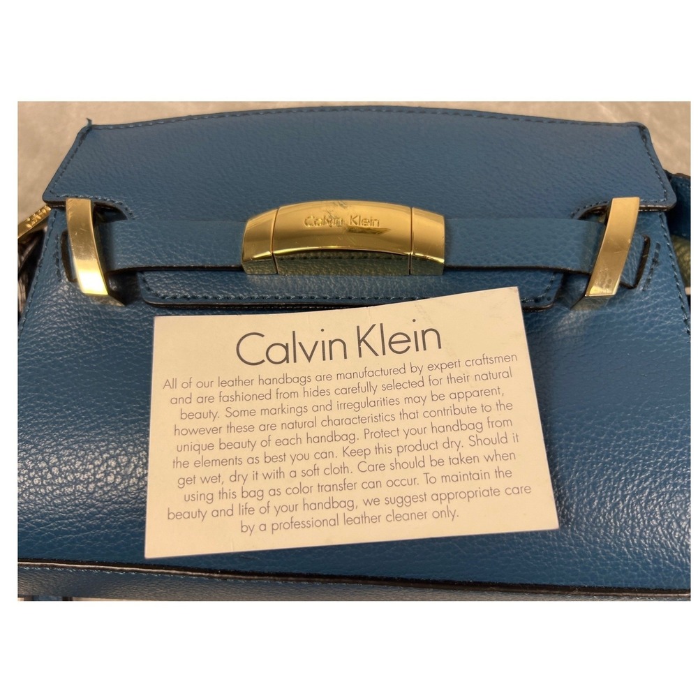 Calvin Klein Blue Pebbled Leather Satchel Crossbody Bag Gold Hardware
